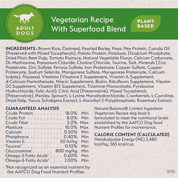 Natural Balance Limited Ingredient Adult Dry Dog Food with Vegan Plant Based Protein and Healthy Grains, Vegetarian Recipe, 24 Pound (Pack of 1)