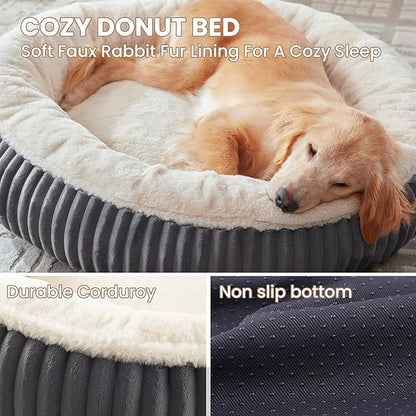 36 inches Donut Dog Bed for Large Dogs - Calming Round Pet Bed with Removable Cover,Washable Milk Plush Faux Fur, Fits Pets up to 80 lbs(Charcoal,Large)