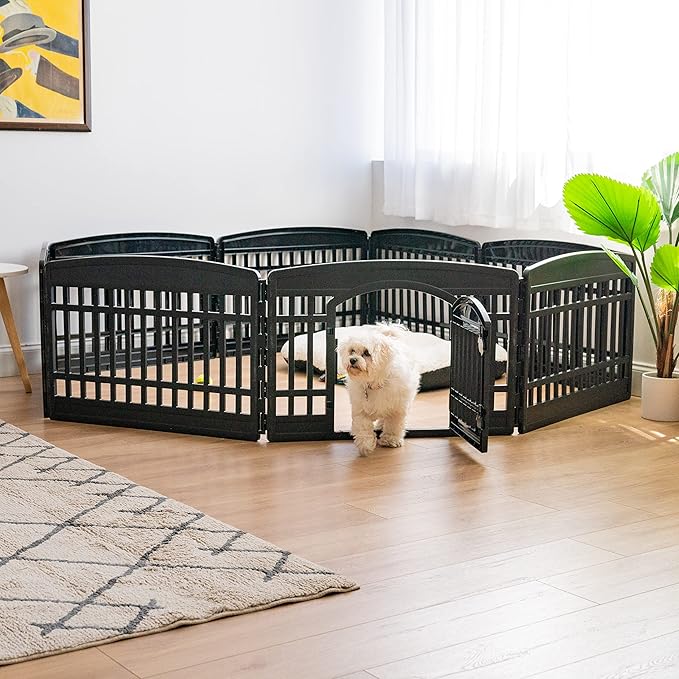 IRIS USA 24" Dog Playpen 8-Panel Pet Exercise Pen with Door Gate 83.5x83.5x24 Puppy Play Pen Indoor Outdoor Plastic Foldable Portable Pet Fence for Small Medium Dogs Puppies Multiple Pets Black