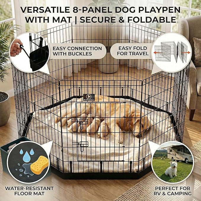 PJYuCien Dog Playpen with Bottom Pad - Metal Foldable Exercise Pen, 8 Panels 36" H x 24" W Indoor Outdoor Pet Fence Puppy Crate Kennel, Black