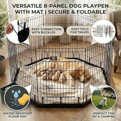 PJYuCien Dog Playpen with Bottom Pad - Metal Foldable Exercise Pen, 8 Panels 36" H x 24" W Indoor Outdoor Pet Fence Puppy Crate Kennel, Black