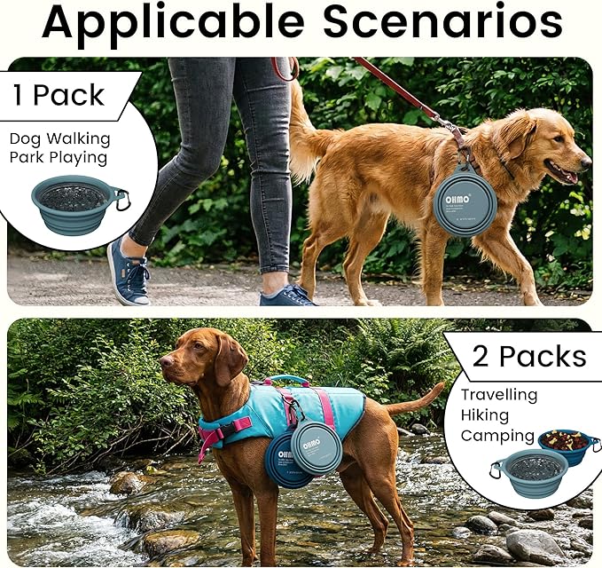 OHMO Collapsible Dog Water Bowls w/Built-in Stainless Steel Ring – 2pcs Large 27oz/800ml Portable Silicone Pet Feeding Bowl for Hiking, Camping, Travel