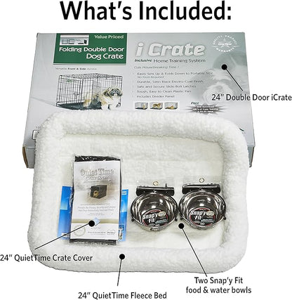 MidWest Homes for Pets Double Door iCrate Starter Kit, 24-inch Dog Crate Bundle for Small Breeds, Includes Cage, Pet Bed, 2 Bowls and Privacy Cover