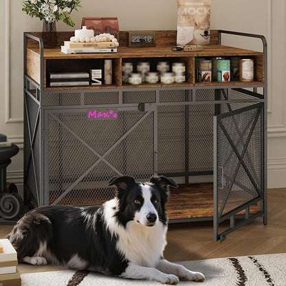 Fulhope Dog Crate Furniture, 48" Heavy Duty Wooden Dog Crate End Table, XL Dog Kennel Furniture Large Breed, Decorative Dog Kennel Indoor with 3 Drawers & Steel Tubes 48" L x28 W x38 H (Rustic Brown)