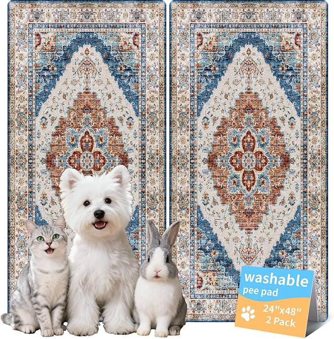 Washable Pee Pads for Dogs, Reusable Puppy Potty Training Pads, Ultra-Absorbent Thick Waterproof Leak-Proof Non-Slip Pads & Mat for Crate, Playpen, Floor, Whelping & Housebreaking , 2 Pack 24"x48"
