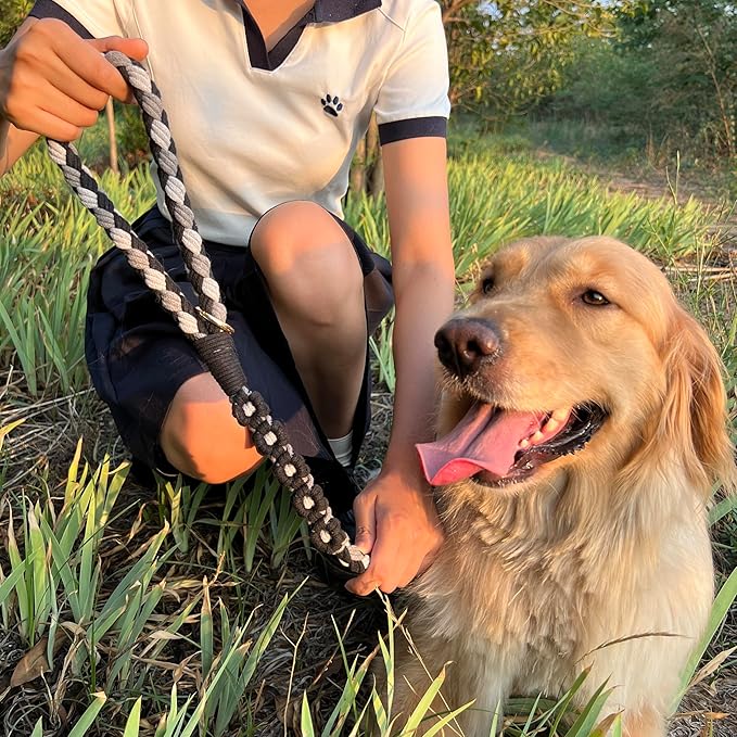 Handmade 5ft Braided Cotton Dog Leash with Unique Floral Handle, Durable and Stylish, Ideal for Small to Large Dogs, Black