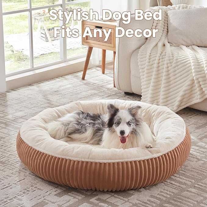 45 inches Donut Dog Bed for Extra Large Dogs,Calming Round Jumbo Pet Bed with Removable Cover, Washable Milk Plush Faux Fur, Fits Pets up to 100 lbs(Mocha,XL)