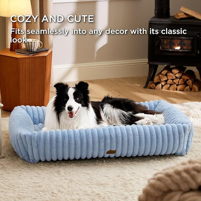 Bedsure ComfyFleece™ Washable Dog Bed for Extra Large Dogs - Cute Furry Puppy Beds, Rectangle Orthopedic XL Pet Beds with Removable Zipper Cover, 43x30x8inches, Blue