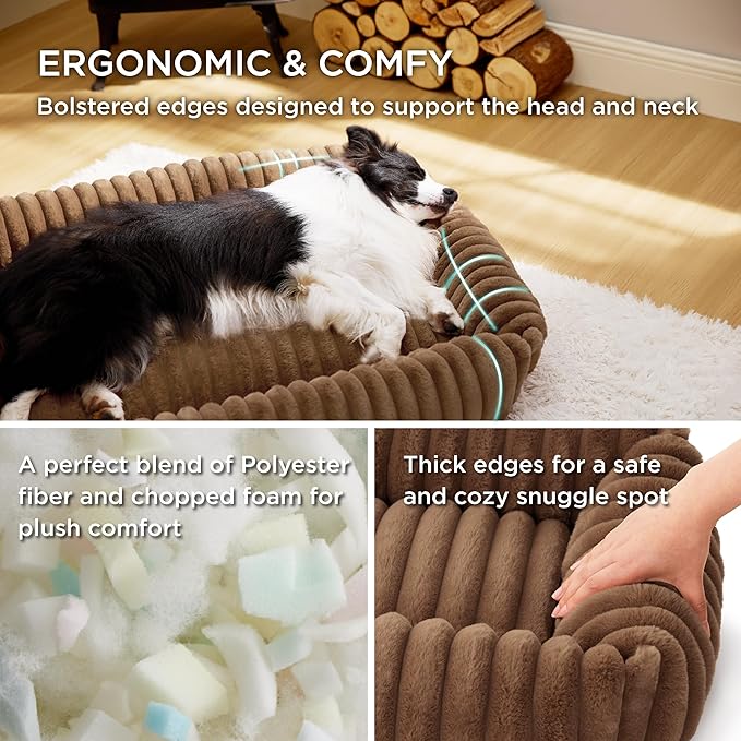 Bedsure ComfyFleece™ Washable Dog Bed for Medium Dogs - Cute Furry Puppy Beds, Rectangle Orthopedic Corduroy Fleece Pet Beds with Removable Zipper Cover, 30x24x8inches, Camel Brown