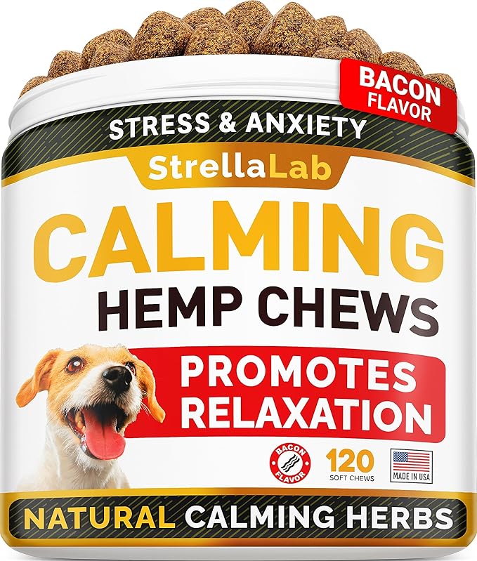 STRELLALAB Hemp Calming Chews for Dogs Anxiety Relief - Made in USA w/Hemp Oil - Dog Training & Behavior Aid - Natural Stress Relief During Firework, Storm, Separation, Barking - 120 Treats