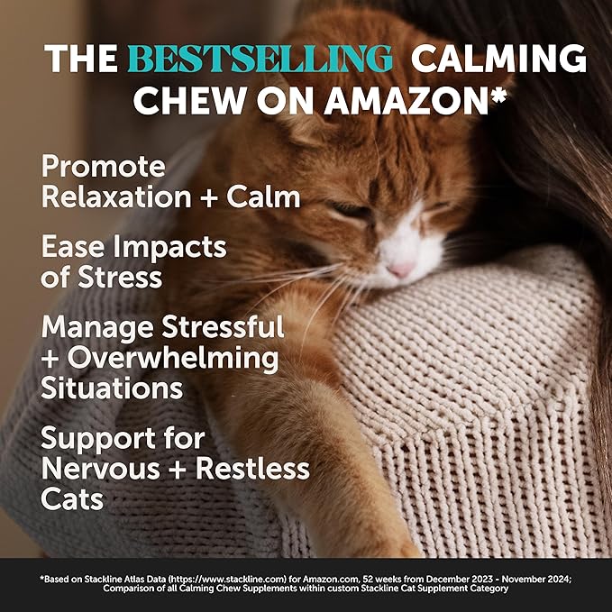 Calming Chews for Cats - Cat Anxiety Relief + Helps Reduce Stress - Behavioral Support & Promotes Relaxation for Travel, Boarding, Vet Visits, Separation Anxiety - Chicken (90-Day Supply)