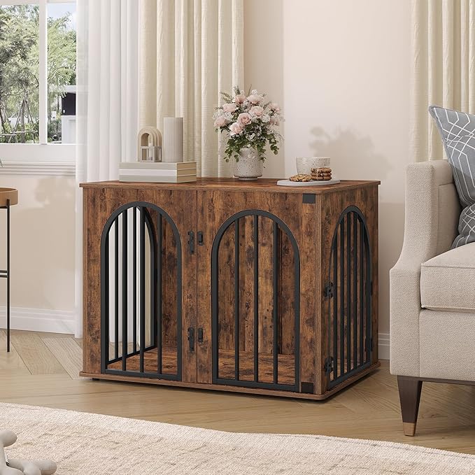 Hzuaneri 31.5'' Wooden Dog Crate Furniture, Indoor Dog Kennel Dogs Cage for Small/Medium Dogs, Heavy Duty Dog Crates Decorative Pet House End Side Table TV Stand, Rustic Brown DFC85101B