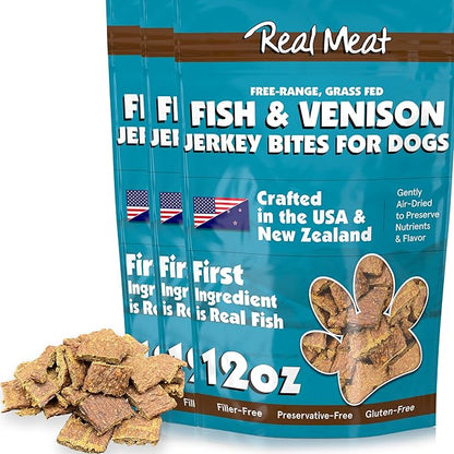 TRMC Real Meat Dog Treats - Three 12oz Bag of Bite-Sized Air-Dried Fish & Venison Jerky for Dogs - Grain-Free Jerky Dog Treats Made with 95% All-Natural, Free-Range Venison & Ocean-Caught Fish