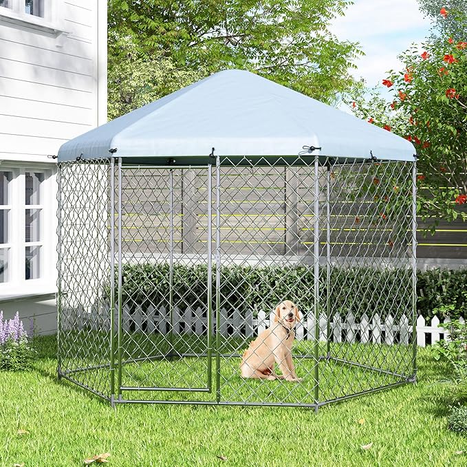 EUNHOO Large Dog Kennel Outdoor,9.2'L x 9.2'W x 8'H Dog Houses for Large Dogs Outside with Roof, Metal Wire Outdoor Dog Kennel Dog Pen, Dog Fence Run with Lock