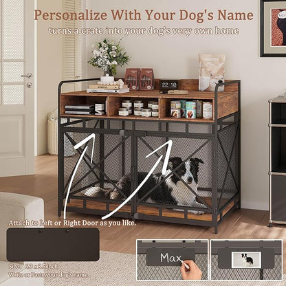 Fulhope Dog Crate Furniture, 48" Heavy Duty Wooden Dog Crate End Table, XL Dog Kennel Furniture Large Breed, Decorative Dog Kenne Indoor with 3 Drawers & Steel Tubes 48" L x28 W x36 H (Rustic Brown)