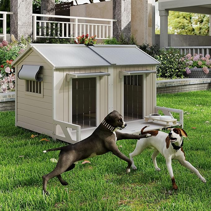 PetsCosset 59.4" L Large Dog House Outdoor & Indoor,Fir Wood Dog Kennel with Weatherproof Openable Asphalt Roof,Spacious Doghouse with Anti-Chewing Metal Edges for Small & Medium & Large Dogs,Grey