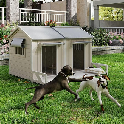 PetsCosset 59.4" L Large Dog House Outdoor & Indoor,Fir Wood Dog Kennel with Weatherproof Openable Asphalt Roof,Spacious Doghouse with Anti-Chewing Metal Edges for Small & Medium & Large Dogs,Grey