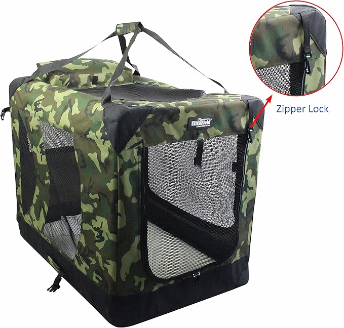 EliteField 3-Door Folding Soft Dog Crate with Carrying Bag and Fleece Bed (2 Year Warranty), Indoor & Outdoor Pet Home (42" L x 28" W x 32" H, Camo)