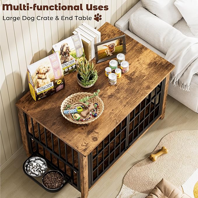 Lulive Wooden Dog Crate Furniture, Large Dog Kennel Indoor with 360°& Adjustable Raised Dog Bowls, Double Doors Furniture Dog Crates End Table for Large/Medium Dogs 37.8" L*23.6" W*27" H, Brown