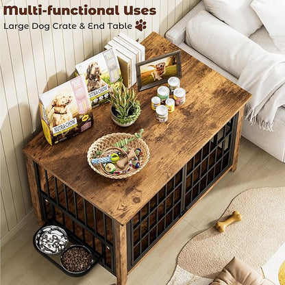 Lulive Wooden Dog Crate Furniture, Large Dog Kennel Indoor with 360°& Adjustable Raised Dog Bowls, Double Doors Furniture Dog Crates End Table for Large/Medium Dogs 37.8" L*23.6" W*27" H, Brown