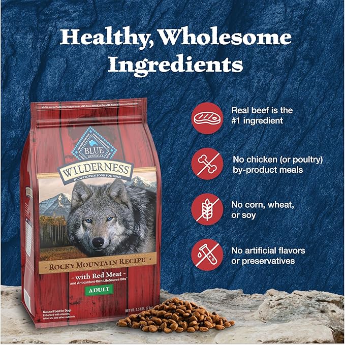 Blue Buffalo Wilderness Rocky Mountain Recipe High-Protein Adult Dry Dog Food Wholesome Red Meat, 4.5 lb Bag