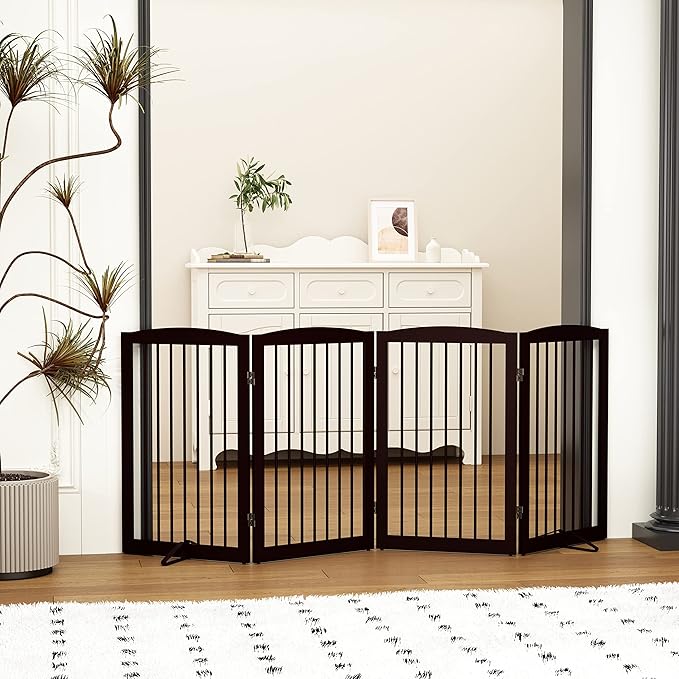 PUPETPO Freestanding Pet Gate for Dogs, Indoor Wooden Foldable Dog Gate for House, Doorway, Stair, 80 Inch Wide, 4 Panels 32",Brown