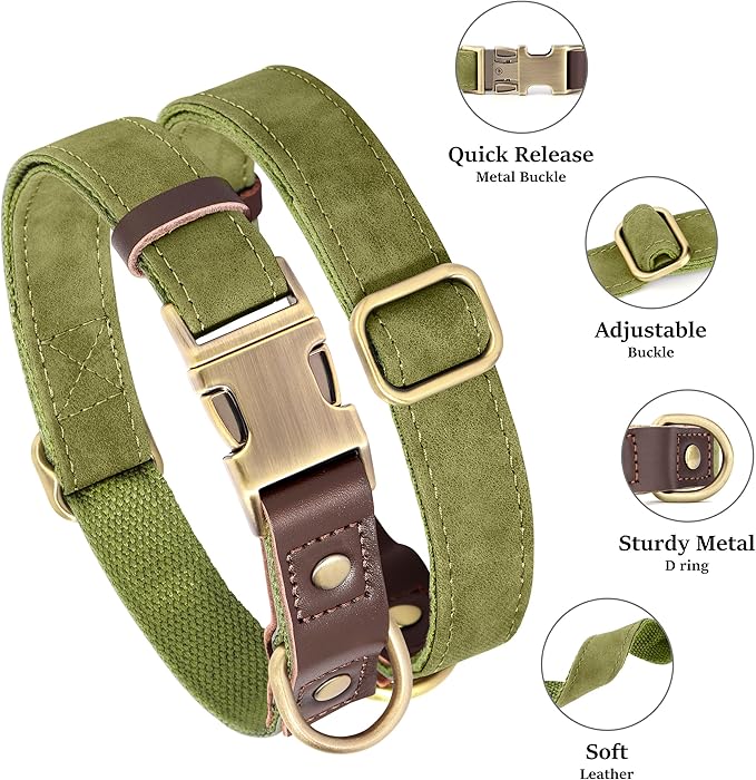 Didog Soft PU Leather Dog Collars for Small Dogs,Classic Adjustable Dog Collars with Quick Release Metal Buckle,Easy Clean and Comfortable with Nylon Lining,Olive Green,S Neck 11-15"