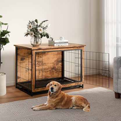 Vongrasig Dog Crate Furniture, Side End Table, Modern Wooden Kennel for Dogs Indoor, Heavy-Duty Dog Cage with Multi-Purpose Removable Tray, Double-Door Dog House, Rustic Brown