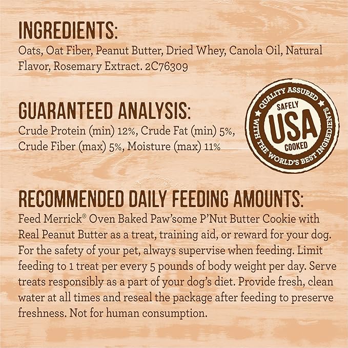 Merrick Oven Baked Dog Treats, Natural Cookies For Dogs, Paw’some P’nut Butter Cookie With Real Peanut Butter - 11 oz. Bag