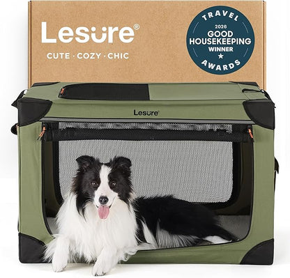 Lesure Shown on TODAY Show Soft Collapsible Dog Crate - 36 Inch Portable Travel Crate for Large Dogs Indoor & Outdoor, 4-Door Foldable Pet Kennel with Mesh Windows, Green