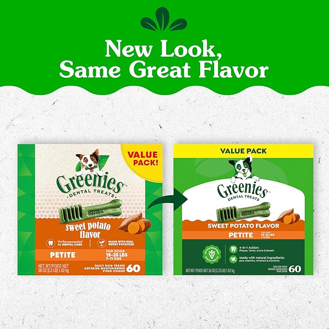 Greenies Veterinarian-Recommended Adult Natural Dental Dog Treats Petite Size, Sweet Potato Flavor, 36 oz. Pack, 60 Count