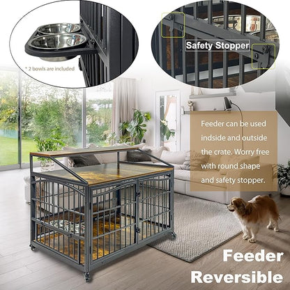 48 Inch Dog Crate Furniture, XXL Kennel Cage Rustic Wooden Pet House End Table Dog Home for Large Dogs with 2 Stainless Steel Bowls Indoor Use 48" L x 30" W x 40" H