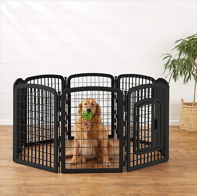 Amazon Basics 8-Panel Octagonal Plastic Dog Playpen, Portable Indoor/Outdoor Pet Fence with Gate, Exercise Pen for Puppies and Small Animals, 34 inches, Black