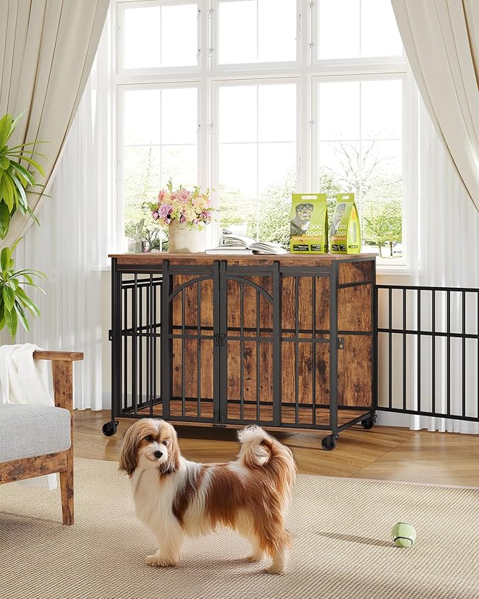 Hzuaneri 37.4" Dog Crate Furniture with Wheels, Wooden Pet Cage Indoor with Barn Door, L Dog Kennel Heavy Duty, Decorative Pet Crate for Small/Medium Dogs, End Table TV Stand, Rustic Brown DFC86201B