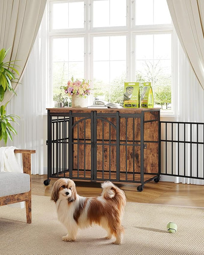 Hzuaneri 37.4" Dog Crate Furniture with Wheels, Wooden Pet Cage Indoor with Barn Door, L Dog Kennel Heavy Duty, Decorative Pet Crate for Small/Medium Dogs, End Table TV Stand, Rustic Brown DFC86201B