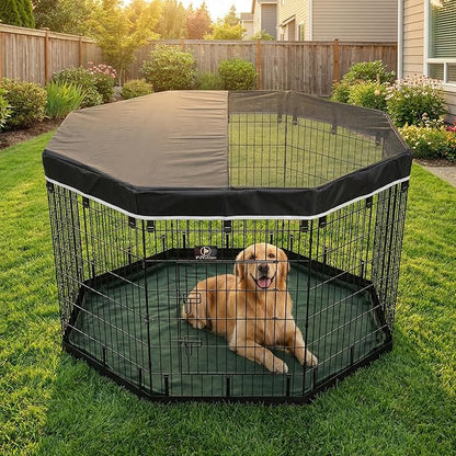 PJYuCien Dog Playpen with Top Cover and Bottom Pad - Metal Foldable Exercise Pen, 8 Panels 42" H x 24" W Indoor Outdoor Pet Fence Puppy Crate Kennel, Black