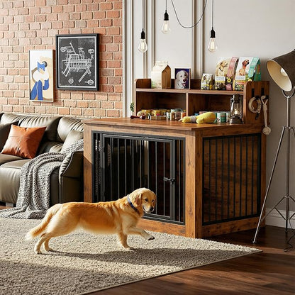 IRONCK Extra Large Dog Crate Furniture, 43.3 inches Wooden Dog Crate with Storage and 4 Hooks, Heavy Duty Pet Crate for Large Dog, Decorative Pet Cage for Indoor (30" L x 43.3" W x 41.1" H)