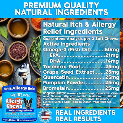 Well Loved Dog Allergy Chews - Dog Allergy Relief, Itching Skin Relief, Hot Spot Treatment & Seasonal Allergies, Vet Developed, Anti Itch Skin Irritation Treatment, Made in USA, 120 Chews