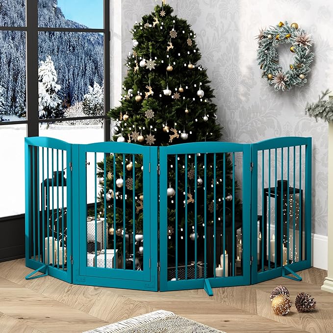 PUPETPO Freestanding Dog Gates with Door Walk Through, Pet Gate for Stairs, 80 inch Wide Gates Indoor, Dog Fences Indoor, Support Feet Included, 4 Panels, 32" Tall, Blue