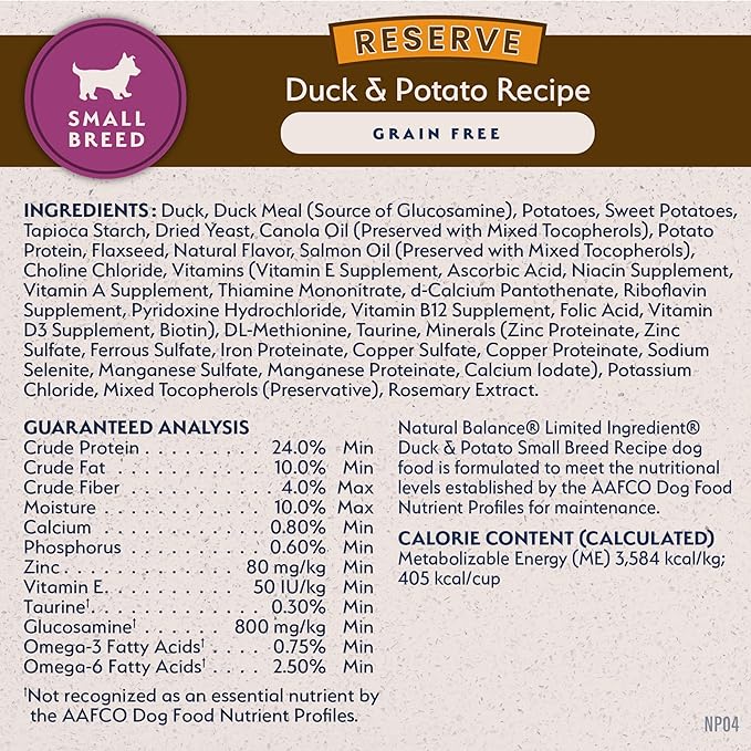 Natural Balance Limited Ingredient Small-Breed Adult Grain-Free Dry Dog Food, Reserve Duck & Potato Recipe, 4 Pound (Pack of 1)
