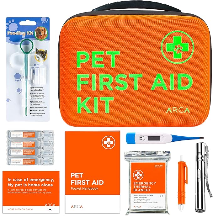 ARCA PET Cat & Dog First Aid Kit - High Visibility Reflective Zipper with Fluorescent Letter Print - 100 pcs with Dog Thermometer, Tick Remover Kit & Pet First Aid Kit Manual Book