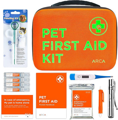 ARCA PET Cat & Dog First Aid Kit - High Visibility Reflective Zipper with Fluorescent Letter Print - 100 pcs with Dog Thermometer, Tick Remover Kit & Pet First Aid Kit Manual Book
