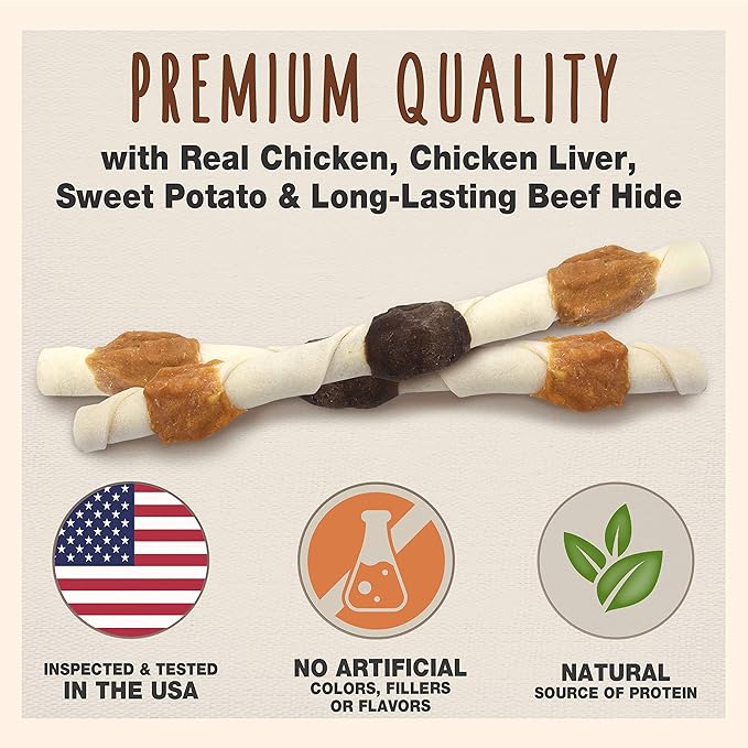 Cadet Gourmet Shish Kabob Dog Chews for Large Dogs, Rawhide Treats with Chicken and Sweet Potato, Healthy & Natural Beef Hide, 10-Inch Sticks, 2 Count