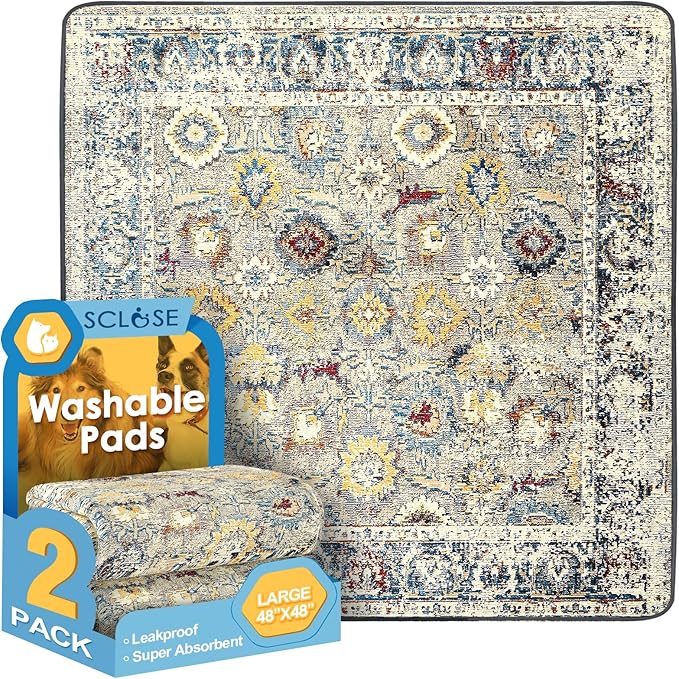 SCLOSE Washable Pee Pads for Dogs Large 2 Pack, 48" x 48" Reusable Puppy Pads Waterproof Dog Rugs, Super Absorbent, Leakproof, Dog Crate Pad, Playpen Mat, Whelping Pads, Vintage