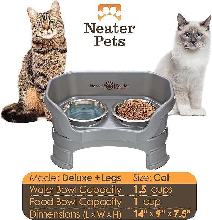 Neater Feeder Deluxe Mess-Proof Elevated Cat Bowls, 2 Height Adjustable (6” & 7.5”) No-Spill Raised Cat Bowl Stand, Whisker Friendly Stainless Steel Dishes for Indoor Cats, Made in USA, Grey