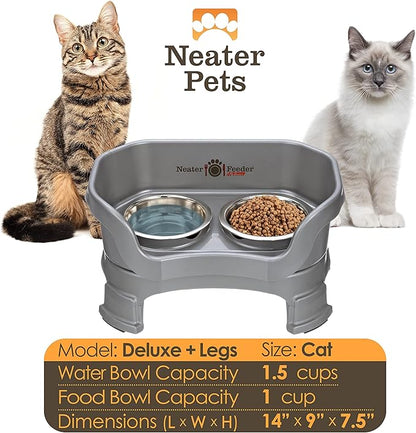 Neater Feeder Deluxe Mess-Proof Elevated Cat Bowls, 2 Height Adjustable (6” & 7.5”) No-Spill Raised Cat Bowl Stand, Whisker Friendly Stainless Steel Dishes for Indoor Cats, Made in USA, Grey