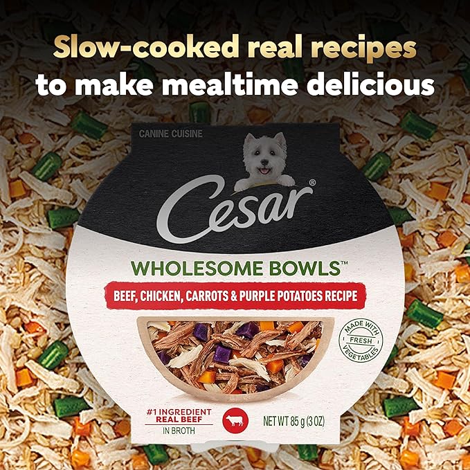 Cesar Wholesome Bowls Adult Wet Dog Food, Beef, Chicken, Purple Potatoes & Carrots, Wet Food for Dogs, 3 Oz. Bowls, 10 Count