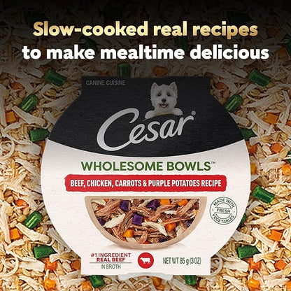 Cesar Wholesome Bowls Adult Wet Dog Food, Beef, Chicken, Purple Potatoes & Carrots, Wet Food for Dogs, 3 Oz. Bowls, 10 Count