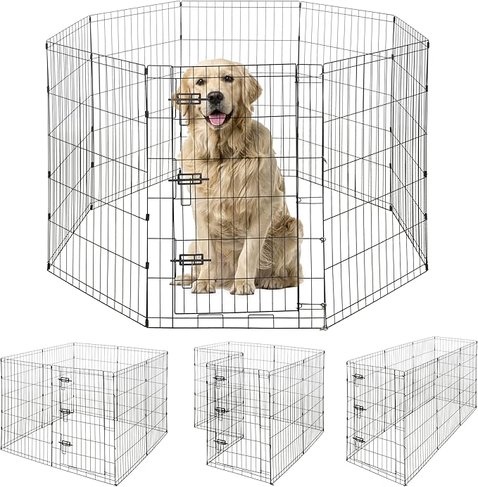 BOWHAUS Foldable Outdoor/Indoor Pet Playpen with Gate, Available in 36 Inch Height Metal Portable Kennel, Heavy-Duty Exercise Fence Cage 8 Panels for Large Dog, Animals