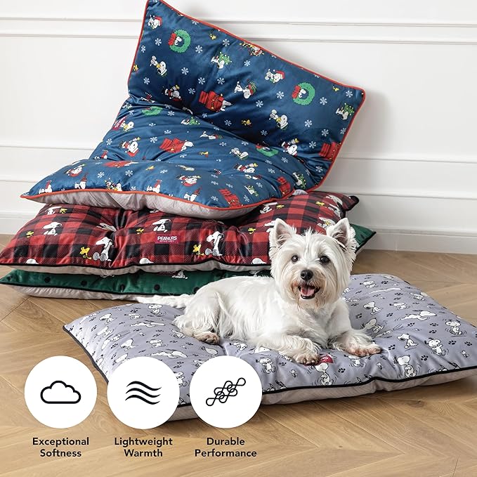 Berkshire Peanuts® Square Dog Bed, Suedemink Fleece Pet Mat with Waterproof & Non-Slip Bottom, Soft Plush Dog Mat for Crate, Couch, or Floor, Machine Washable(Snoopy Everyday Buffalo Plaid, Medium)